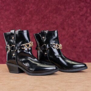 Love Moschino Women Western Harness Patent Leather Block Heel sz7US EUR37